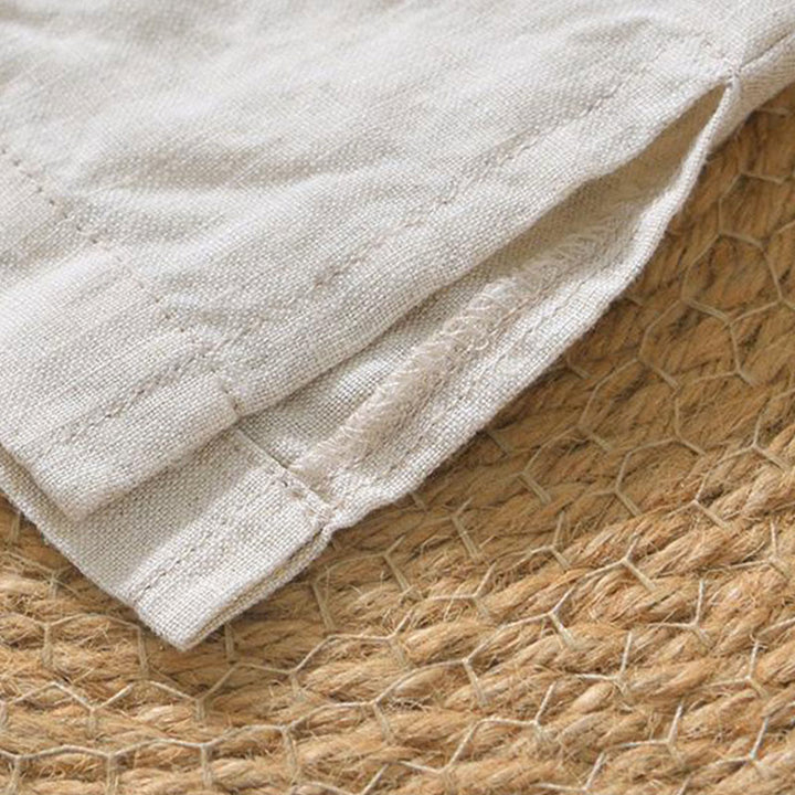 Buddha Stones Lässiges, schlichtes Herrenhemd aus Leinen mit V-Ausschnitt und kurzen Ärmeln