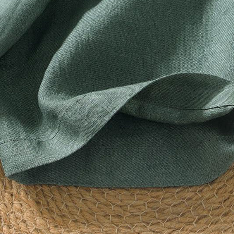 Buddha Stones Lässiges, schlichtes Herrenhemd aus Leinen mit V-Ausschnitt und kurzen Ärmeln