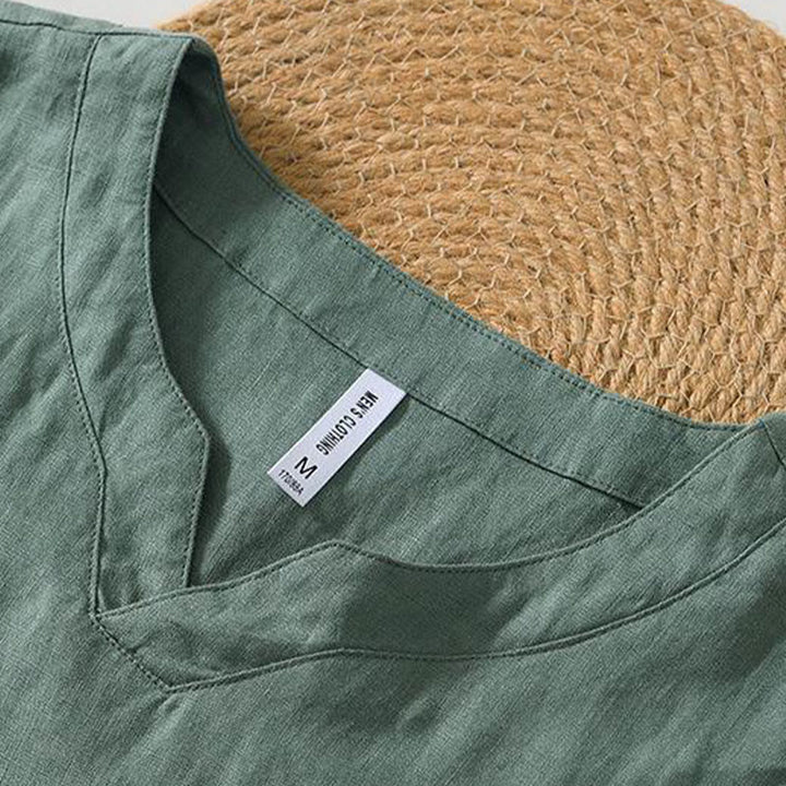 Buddha Stones Lässiges, schlichtes Herrenhemd aus Leinen mit V-Ausschnitt und kurzen Ärmeln