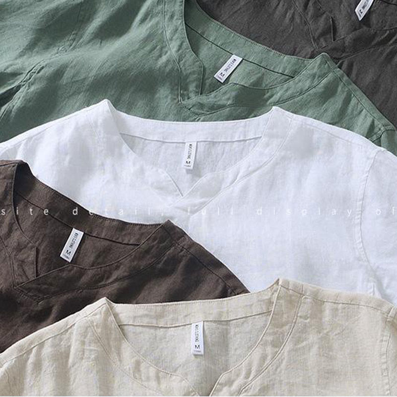 Buddha Stones Lässiges, schlichtes Herrenhemd aus Leinen mit V-Ausschnitt und kurzen Ärmeln