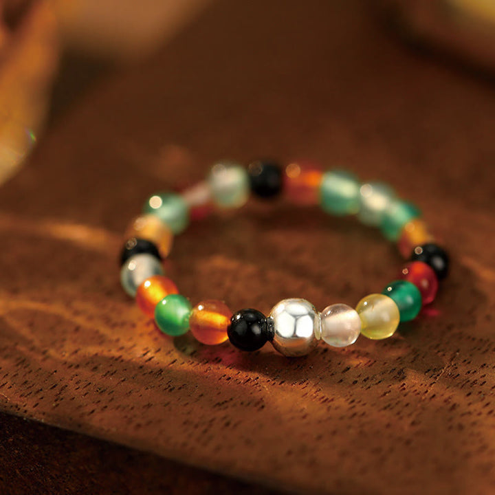 Buddha Stones 925 Sterling Silber Kristallperlen Weißer Jade Schwarzer Onyx Segen Elastischer Ring