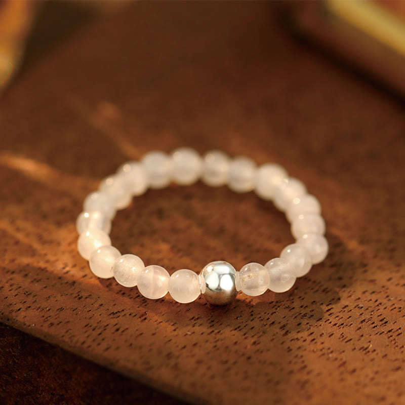 Buddha Stones 925 Sterling Silber Kristallperlen Weißer Jade Schwarzer Onyx Segen Elastischer Ring