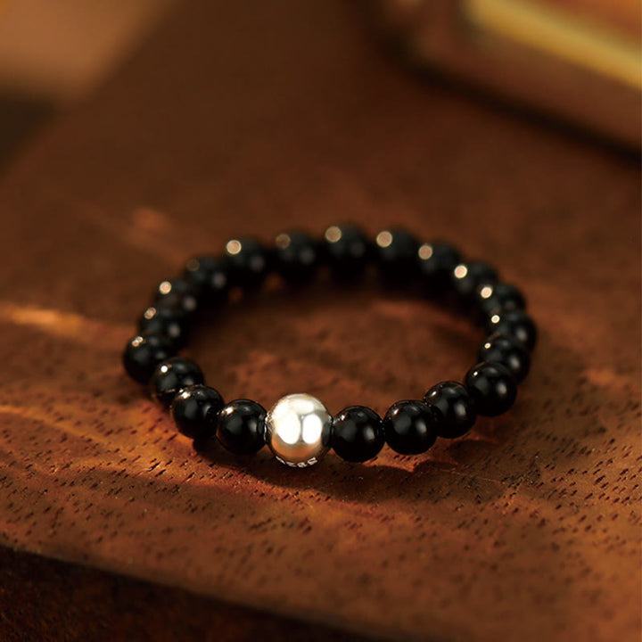 Buddha Stones 925 Sterling Silber Kristallperlen Weißer Jade Schwarzer Onyx Segen Elastischer Ring