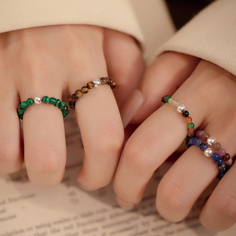 Buddha Stones 925 Sterling Silber Kristallperlen Weißer Jade Schwarzer Onyx Segen Elastischer Ring