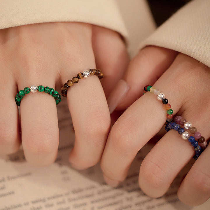 Buddha Stones 925 Sterling Silber Kristallperlen Weißer Jade Schwarzer Onyx Segen Elastischer Ring