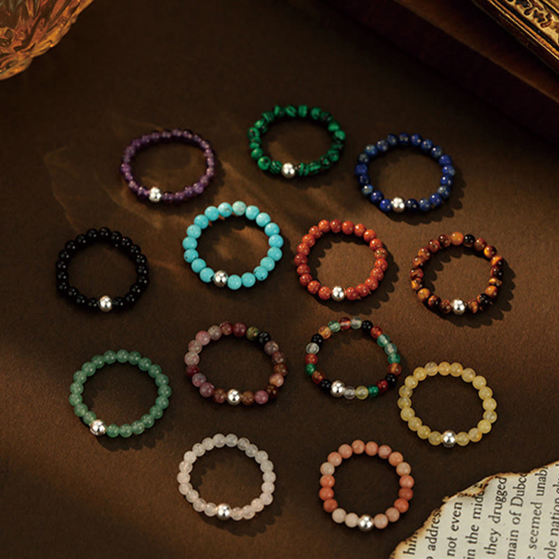 Buddha Stones 925 Sterling Silber Kristallperlen Weißer Jade Schwarzer Onyx Segen Elastischer Ring