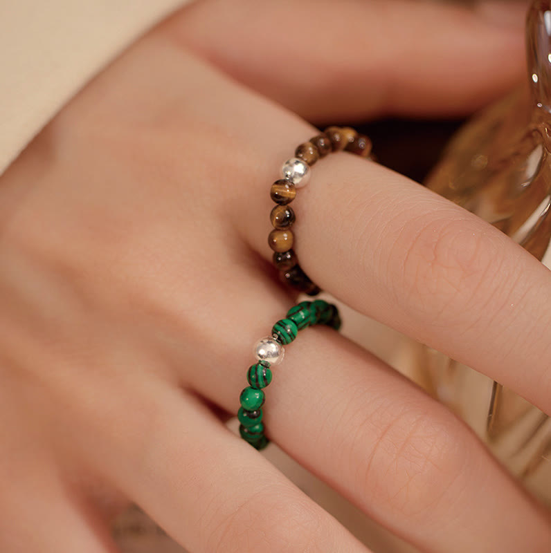 Buddha Stones 925 Sterling Silber Kristallperlen Weißer Jade Schwarzer Onyx Segen Elastischer Ring