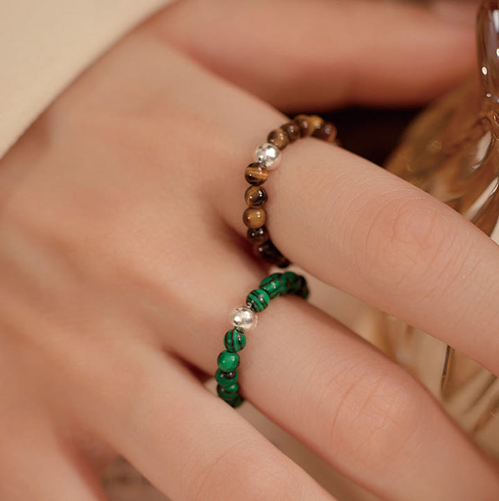 Buddha Stones 925 Sterling Silber Kristallperlen Weißer Jade Schwarzer Onyx Segen Elastischer Ring