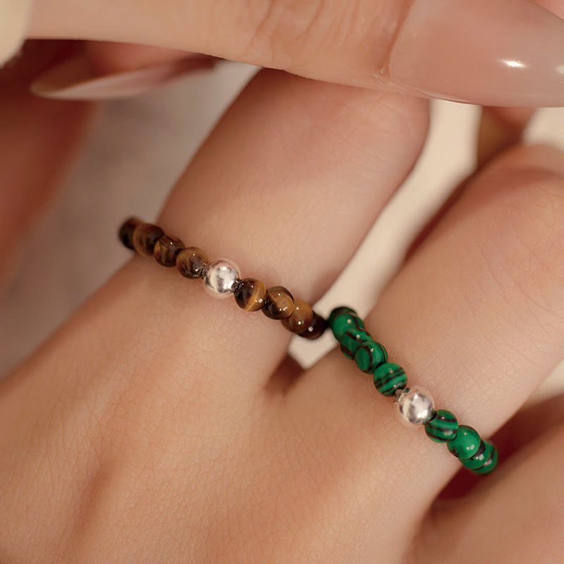 Buddha Stones 925 Sterling Silber Kristallperlen Weißer Jade Schwarzer Onyx Segen Elastischer Ring