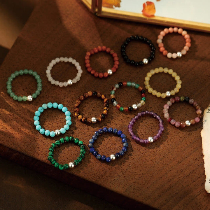 Buddha Stones 925 Sterling Silber Kristallperlen Weißer Jade Schwarzer Onyx Segen Elastischer Ring