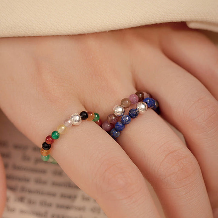 Buddha Stones 925 Sterling Silber Kristallperlen Weißer Jade Schwarzer Onyx Segen Elastischer Ring