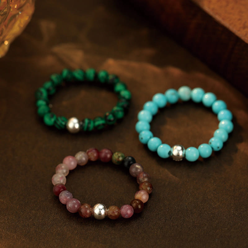 Buddha Stones 925 Sterling Silber Kristallperlen Weißer Jade Schwarzer Onyx Segen Elastischer Ring