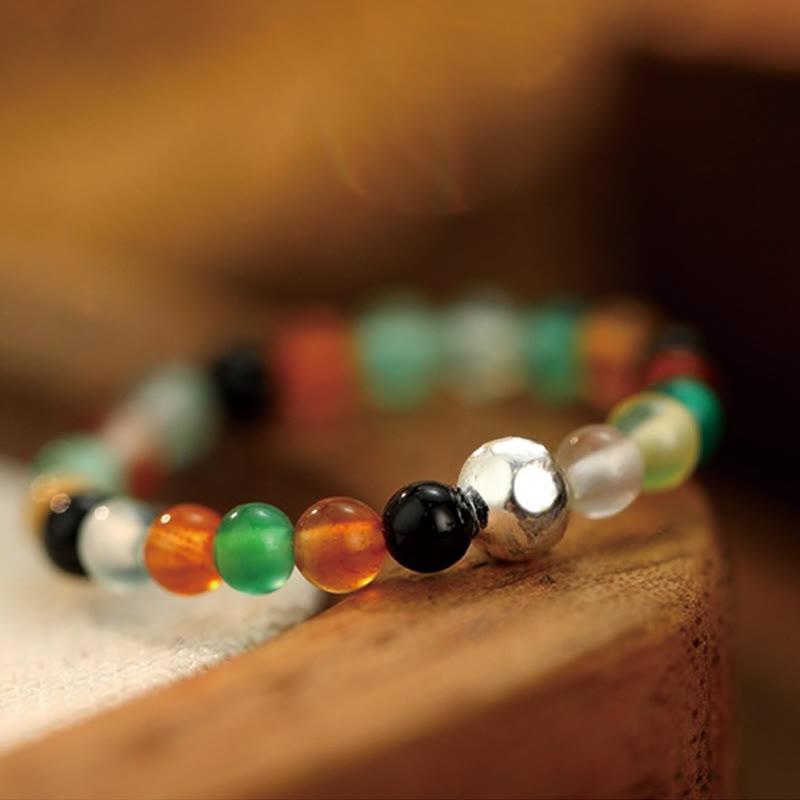 Buddha Stones 925 Sterling Silber Kristallperlen Weißer Jade Schwarzer Onyx Segen Elastischer Ring