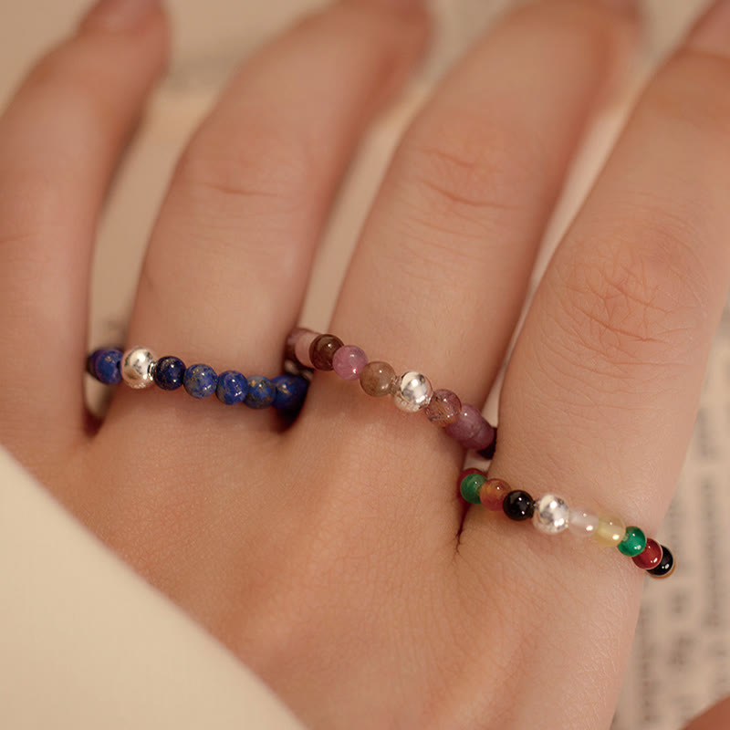 Buddha Stones 925 Sterling Silber Kristallperlen Weißer Jade Schwarzer Onyx Segen Elastischer Ring