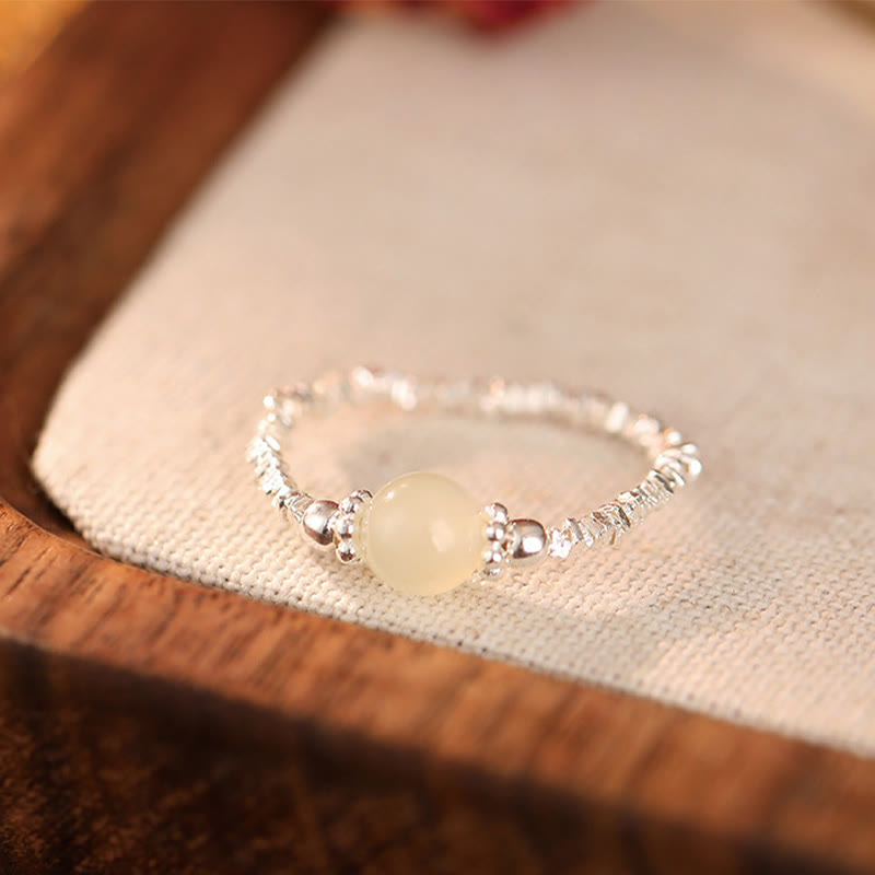 Buddha Stones 925 Sterling Silber Natürliche kleine Hetian Jade Perle Glück Elastischer Ring