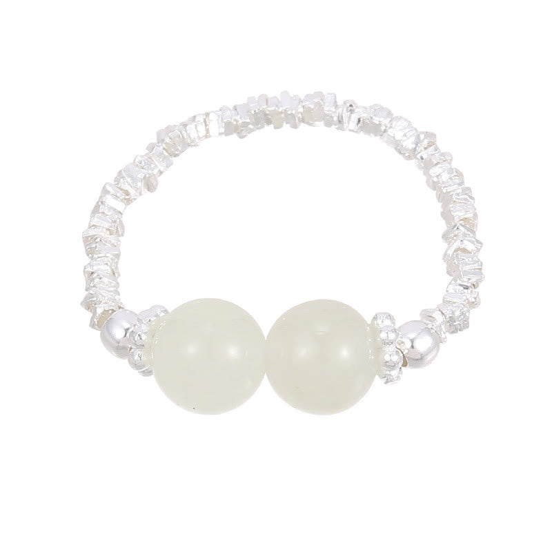 Buddha Stones 925 Sterling Silber Natürliche kleine Hetian Jade Perle Glück Elastischer Ring