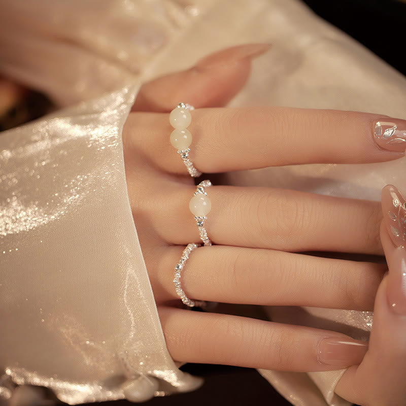 Buddha Stones 925 Sterling Silber Natürliche kleine Hetian Jade Perle Glück Elastischer Ring