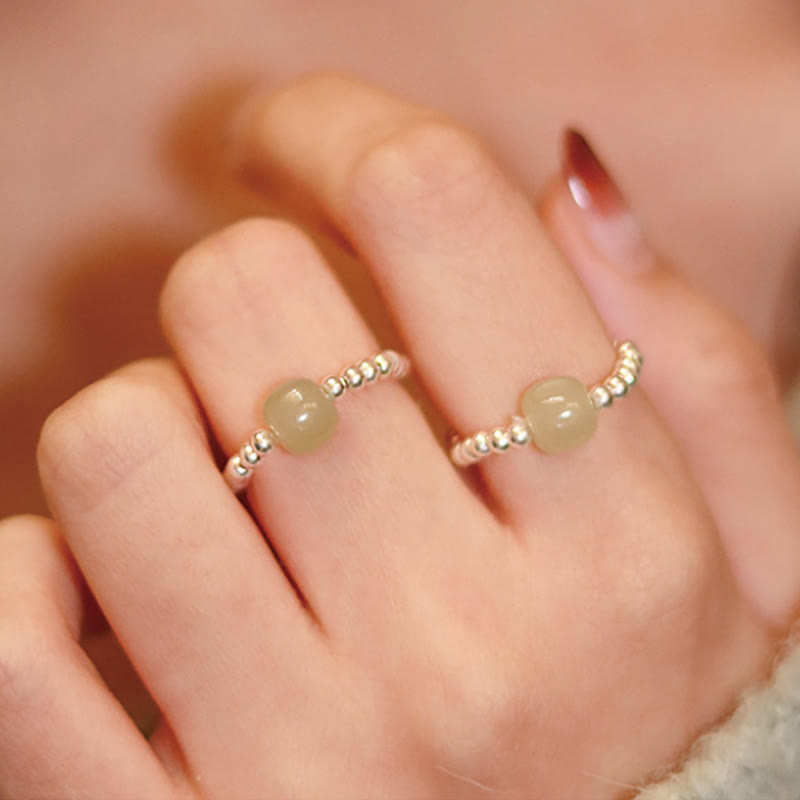 Buddha Stones 925 Sterling Silber Natürlicher kleiner Hetian Jade Roter Achat Perlenperle Wohlstand Elastischer Ring