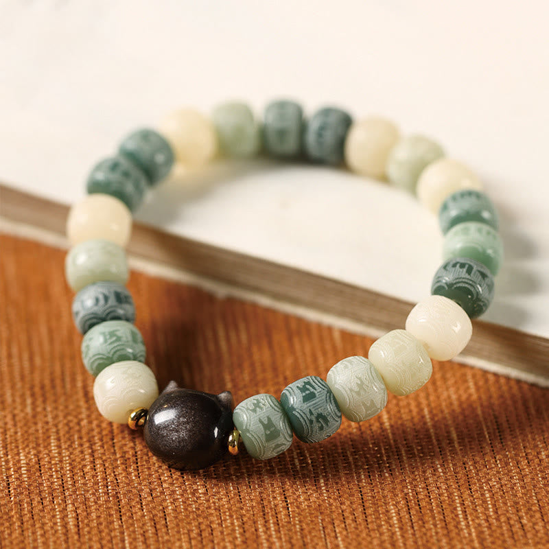 Buddha Stones, Bodhi-Samen, Om Mani Padme Hum, geschnitztes Silber, Glanz, Obsidian, Katzenkopf, Weisheitsarmband - image 11