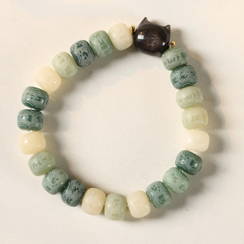 Buddha Stones, Bodhi-Samen, Om Mani Padme Hum, geschnitztes Silber, Glanz, Obsidian, Katzenkopf, Weisheitsarmband - image 13