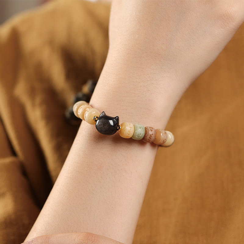 Buddha Stones, Bodhi-Samen, Om Mani Padme Hum, geschnitztes Silber, Glanz, Obsidian, Katzenkopf, Weisheitsarmband - image 5