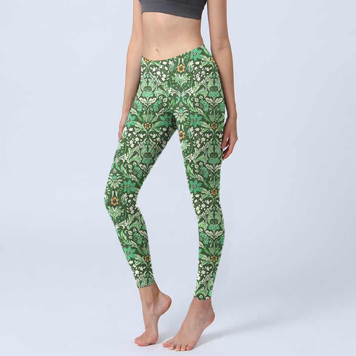 Buddha Stones Grüne Nähte Symmetrisches Blumenblattmuster Druck Gym Leggings Damen Yogahose - Grün - US18, UK/AU22,EU50 (4XL) - image 1