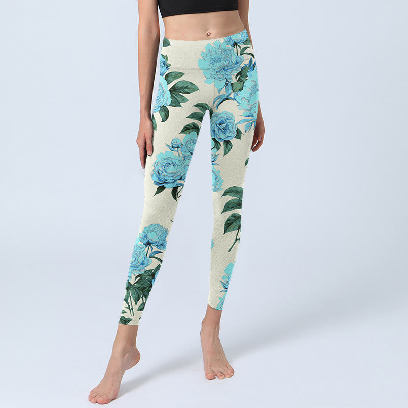 Buddha Stones Weiße Nähte Pfingstrosen Blumen Blätter Musterdruck Gym Leggings Damen Yogahose - image 6