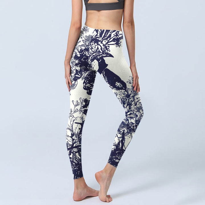 Buddha Stones, weiße Nähte, Blumen, Blätter, Vögel, Schmetterlinge, Musterdruck, Gym-Leggings für Damen, Yoga-Hose - image 4