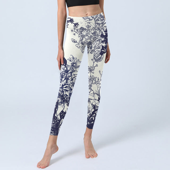 Buddha Stones, weiße Nähte, Blumen, Blätter, Vögel, Schmetterlinge, Musterdruck, Gym-Leggings für Damen, Yoga-Hose - image 6