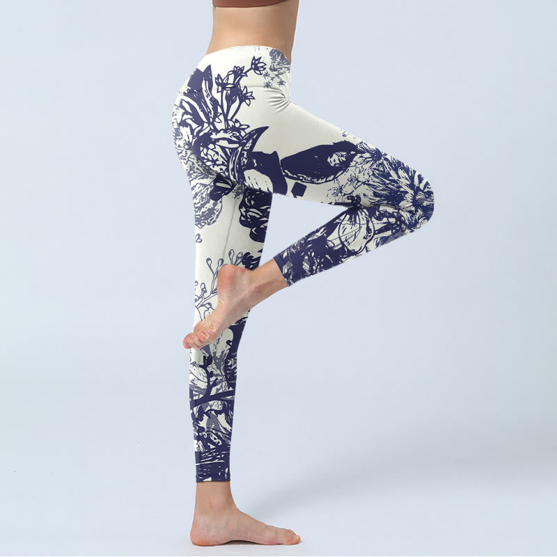 Buddha Stones, weiße Nähte, Blumen, Blätter, Vögel, Schmetterlinge, Musterdruck, Gym-Leggings für Damen, Yoga-Hose - image 5