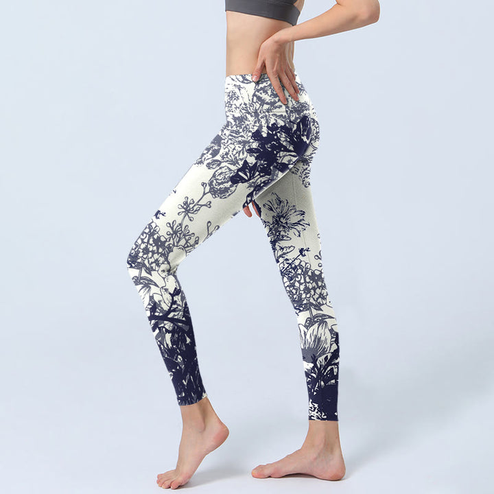 Buddha Stones, weiße Nähte, Blumen, Blätter, Vögel, Schmetterlinge, Musterdruck, Gym-Leggings für Damen, Yoga-Hose - image 3