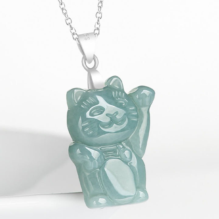 Buddha Stones 925 Sterling Silber Natur Jade Glückskatze Fülle Halskette Anhänger - image 3