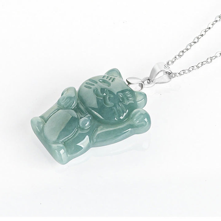 Buddha Stones 925 Sterling Silber Natur Jade Glückskatze Fülle Halskette Anhänger - image 4