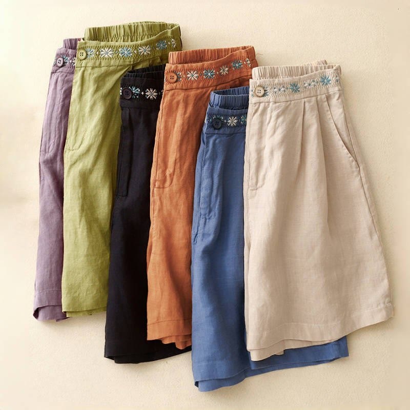 Buddha Stones Sommer Casual Stickerei Blume Plissee Reißverschluss Knopf Baumwolle Leinen Damen Shorts mit Taschen - image 29