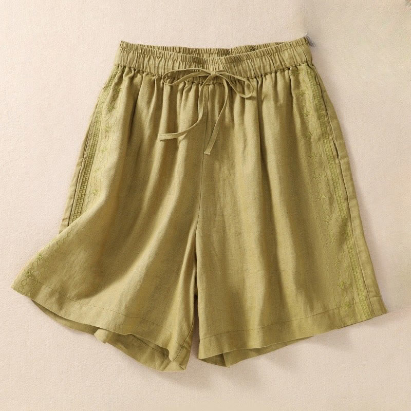 Buddha Stones Lässige Damen-Shorts aus Baumwolle und Leinen mit Blumenstickereimuster, Kordelzug und Taschen - GelbGrün - US8-10, UK/AU12-14,EU40-42 (2XL) - image 15