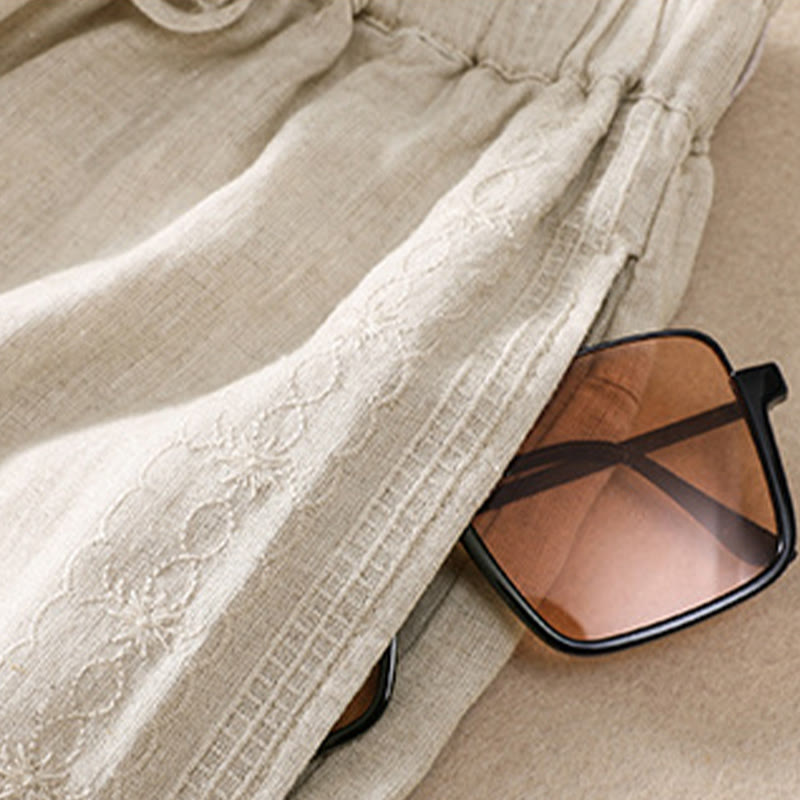 Buddha Stones Lässige Damen-Shorts aus Baumwolle und Leinen mit Blumenstickereimuster, Kordelzug und Taschen - image 12