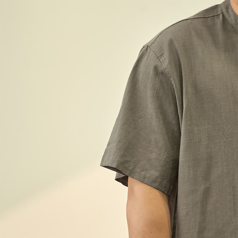 Buddha Stones Herren Sommerhemd aus Baumwolle und Leinen, einfarbig, kurzärmelig, mit halben Knöpfen - image 2