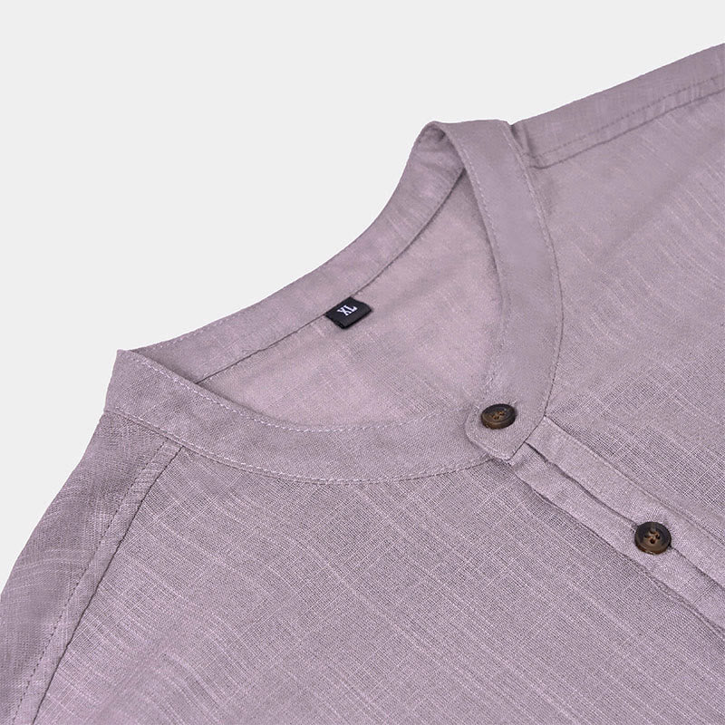 Buddha Stones Herren Sommerhemd aus Baumwolle und Leinen, einfarbig, kurzärmelig, mit halben Knöpfen - image 15