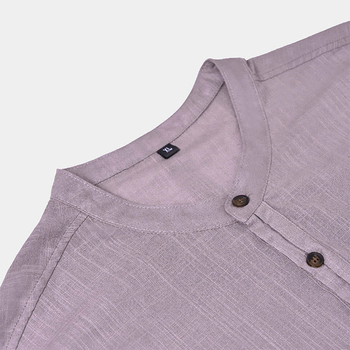 Buddha Stones Herren Sommerhemd aus Baumwolle und Leinen, einfarbig, kurzärmelig, mit halben Knöpfen - image 15