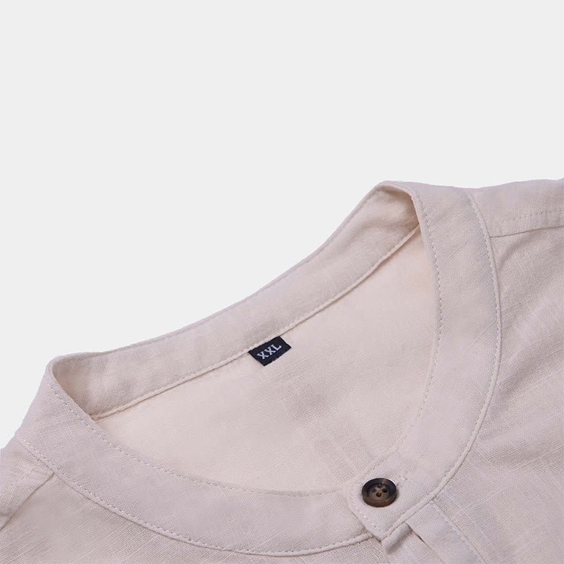 Buddha Stones Herren Sommerhemd aus Baumwolle und Leinen, einfarbig, kurzärmelig, mit halben Knöpfen - image 21