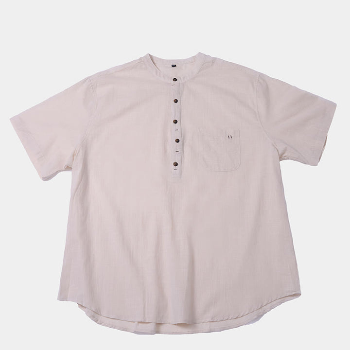 Buddha Stones Herren Sommerhemd aus Baumwolle und Leinen, einfarbig, kurzärmelig, mit halben Knöpfen - image 20