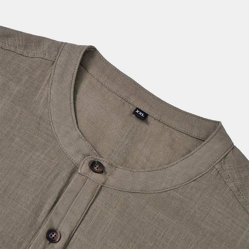 Buddha Stones Herren Sommerhemd aus Baumwolle und Leinen, einfarbig, kurzärmelig, mit halben Knöpfen - image 8