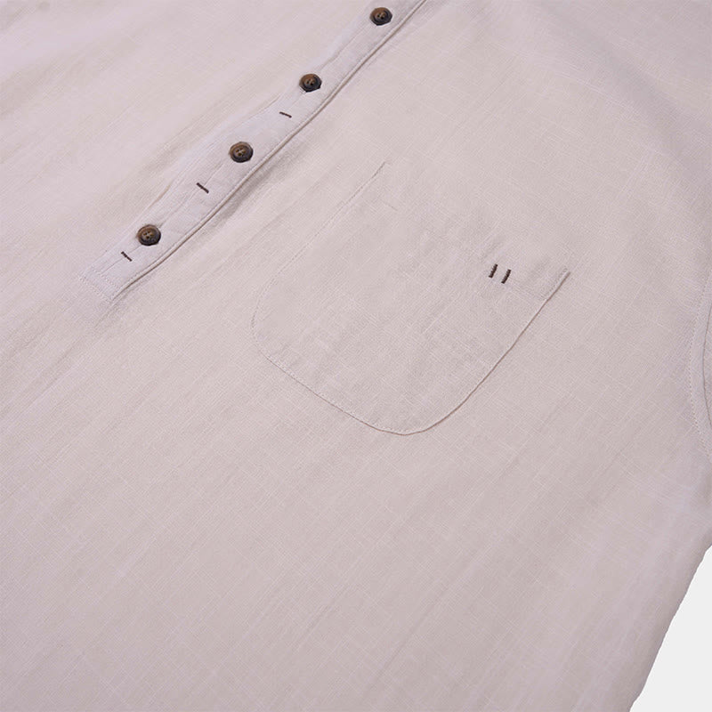 Buddha Stones Herren Sommerhemd aus Baumwolle und Leinen, einfarbig, kurzärmelig, mit halben Knöpfen - image 22