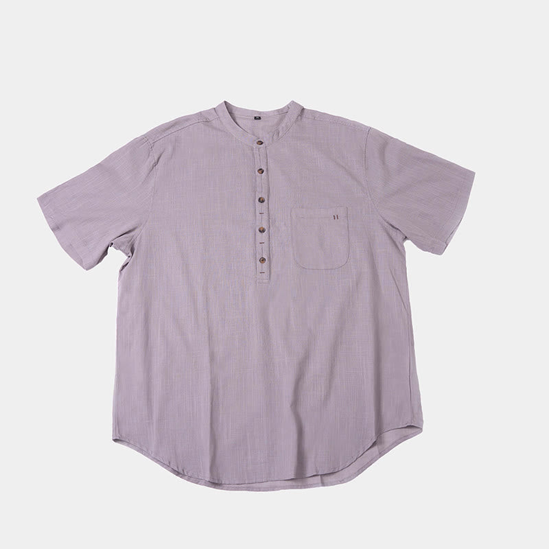 Buddha Stones Herren Sommerhemd aus Baumwolle und Leinen, einfarbig, kurzärmelig, mit halben Knöpfen - image 14