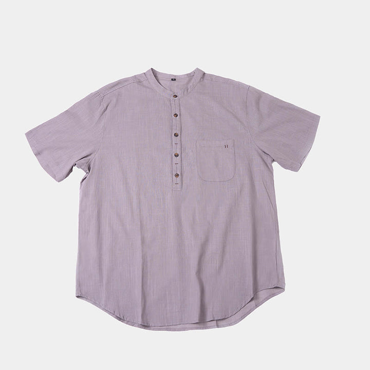 Buddha Stones Herren Sommerhemd aus Baumwolle und Leinen, einfarbig, kurzärmelig, mit halben Knöpfen - image 14