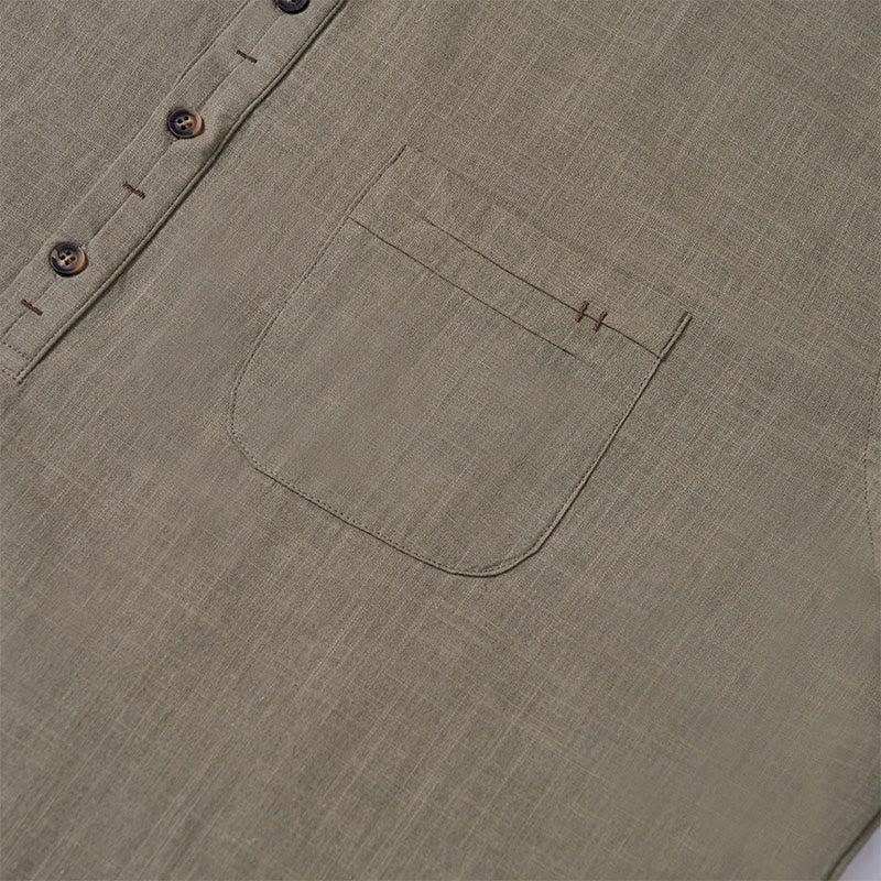 Buddha Stones Herren Sommerhemd aus Baumwolle und Leinen, einfarbig, kurzärmelig, mit halben Knöpfen - image 10