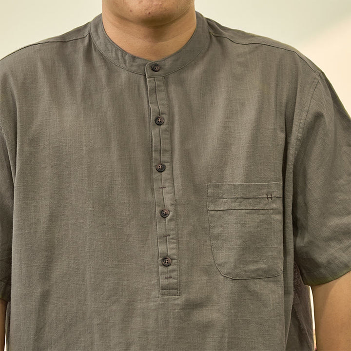 Buddha Stones Herren Sommerhemd aus Baumwolle und Leinen, einfarbig, kurzärmelig, mit halben Knöpfen - image 3