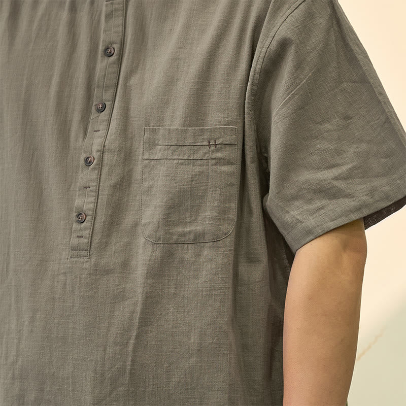 Buddha Stones Herren Sommerhemd aus Baumwolle und Leinen, einfarbig, kurzärmelig, mit halben Knöpfen - image 4