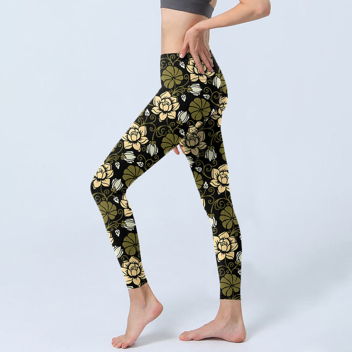 Buddha Stones, gelbe Blumen, grüne Blätter, Druck, Fitnessstudio, Fitness-Leggings, Damen-Yogahose - image 3