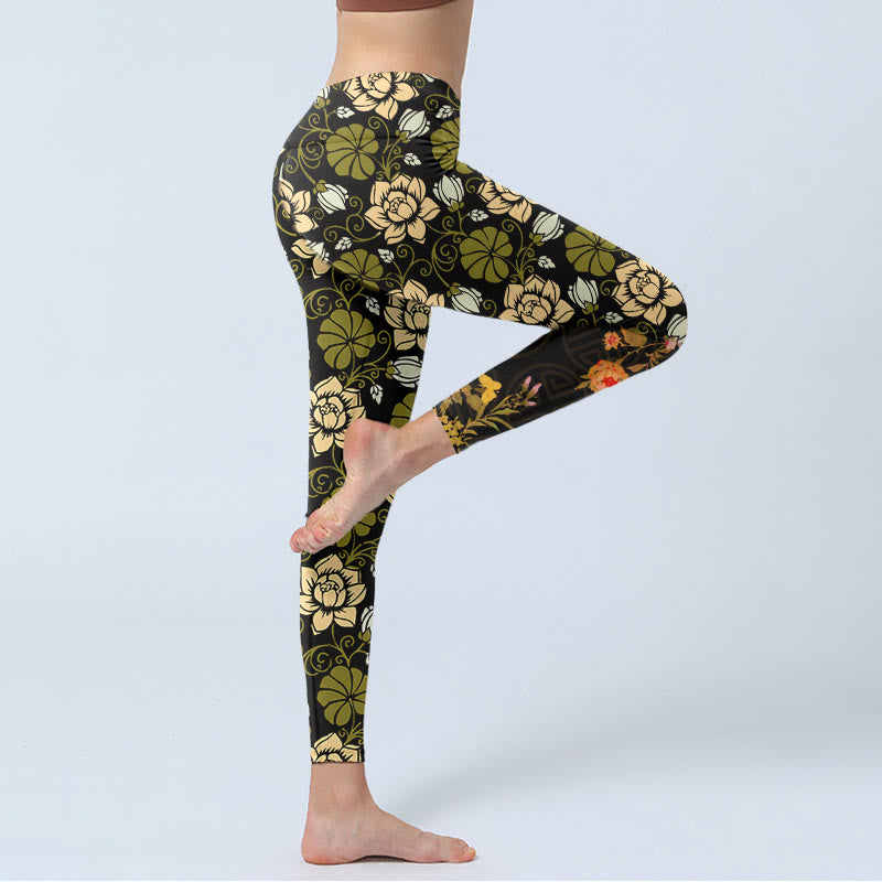 Buddha Stones, gelbe Blumen, grüne Blätter, Druck, Fitnessstudio, Fitness-Leggings, Damen-Yogahose - image 4